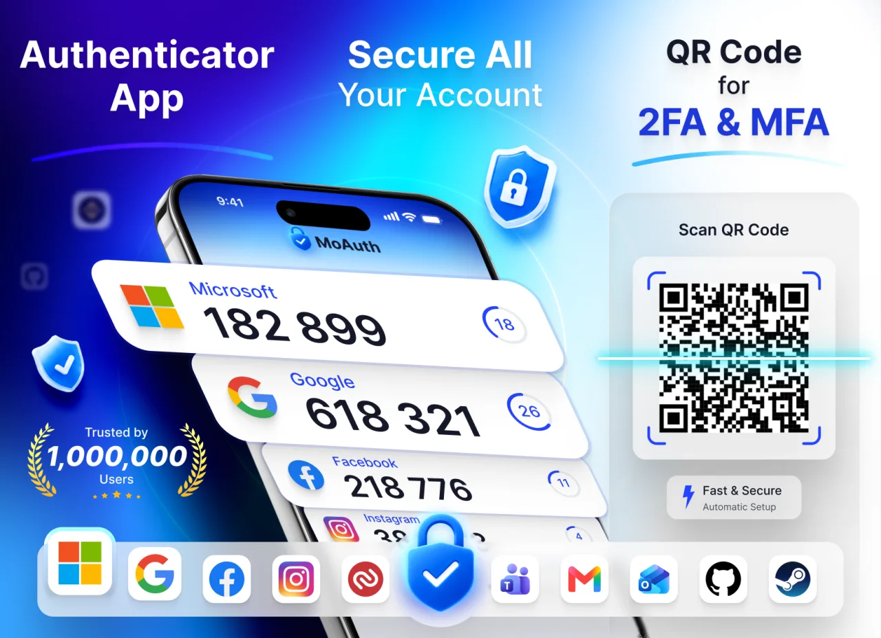 Authenticator app store visual: one-time codes for Microsoft, Google and Facebook, QR code scanning and supported services