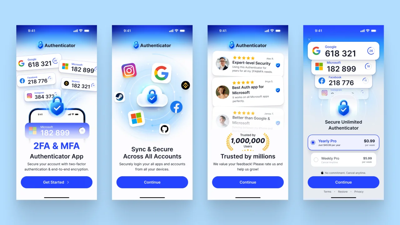 Four onboarding screens: 2FA & MFA intro, syncing across accounts, user reviews and the Pro plan