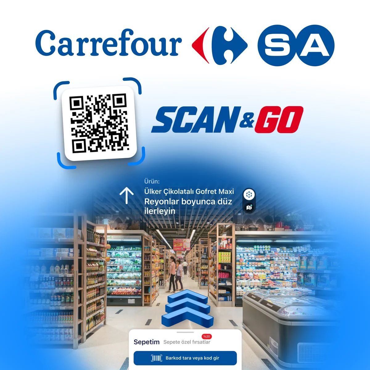 CarrefourSA Scan&Go concept: scan the store QR code, then scan products as you shop