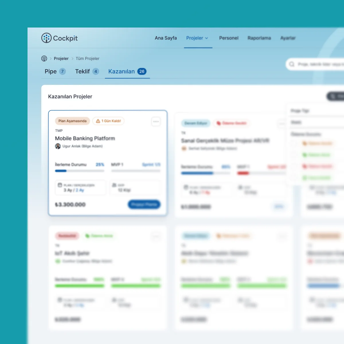 Cockpit won projects list: status and payment tags, progress, sprint and team details, with the filter panel open