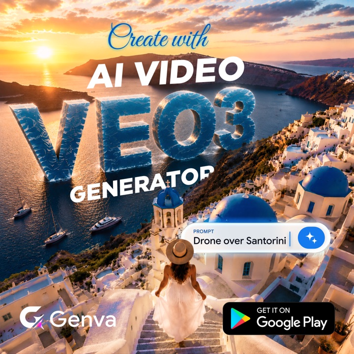 Genva Google Ads creative: Veo 3, drone over Santorini