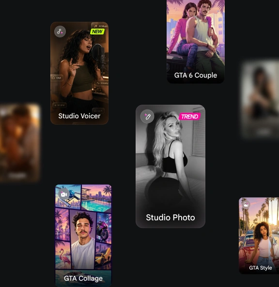 Genva trending templates collage: Couple, Studio Voicer, GTA 6 Couple, Studio Photo and more