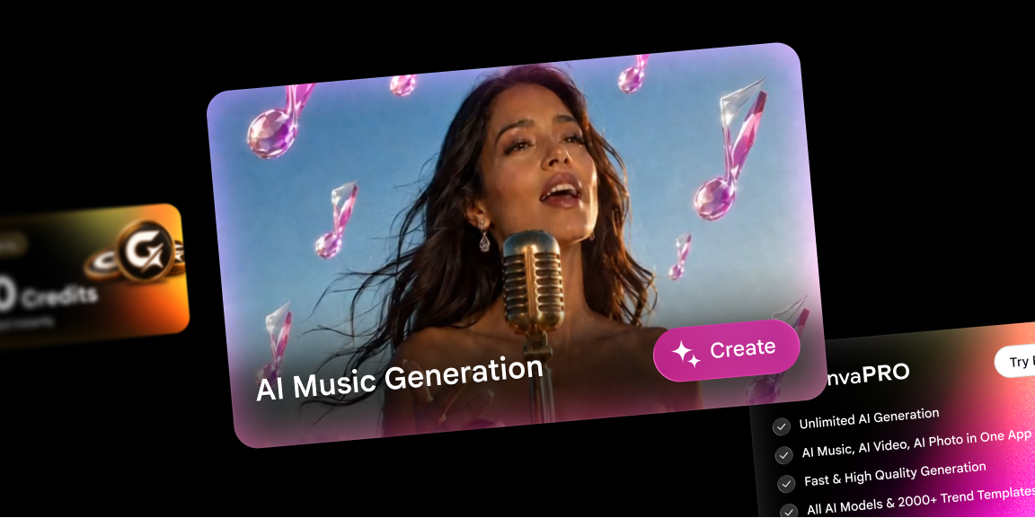 Genva cards and bottom sheets: AI Music Generation card with Create button, credits card and GenvaPRO plan sheet