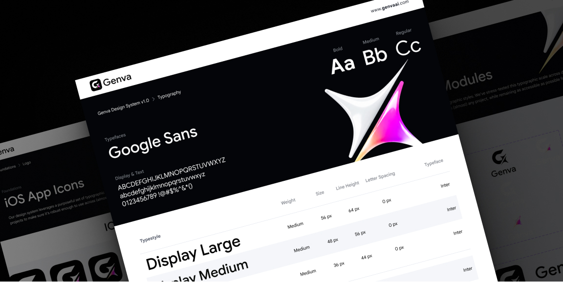 Genva design system foundations: typography page with Google Sans styles, logo modules and iOS app icons