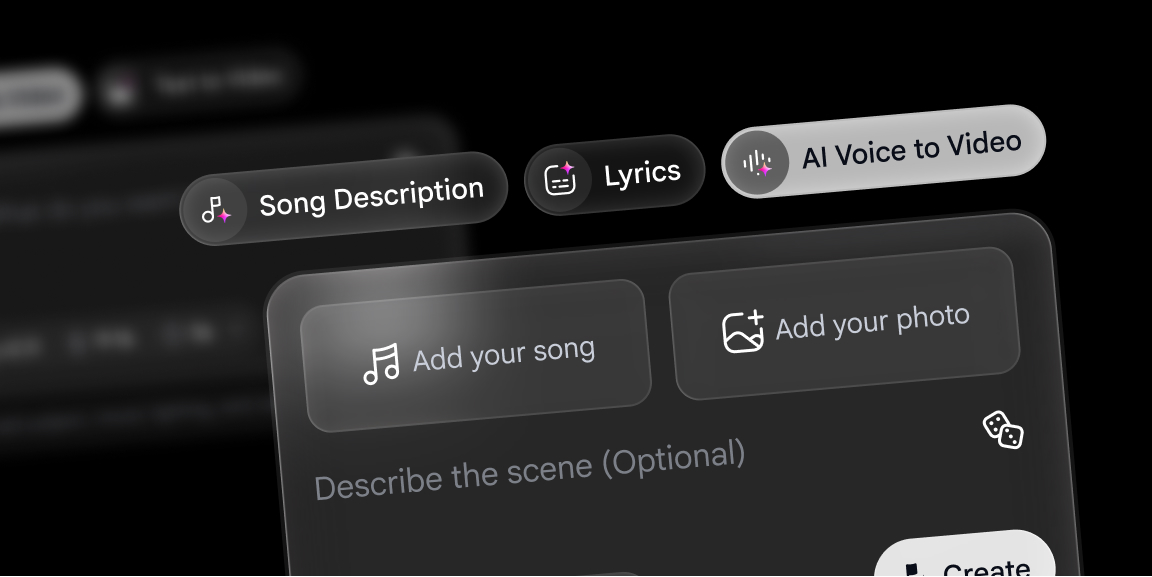Genva inputs and prompt areas: Song Description, Lyrics and AI Voice to Video chips above an add-song and add-photo prompt box