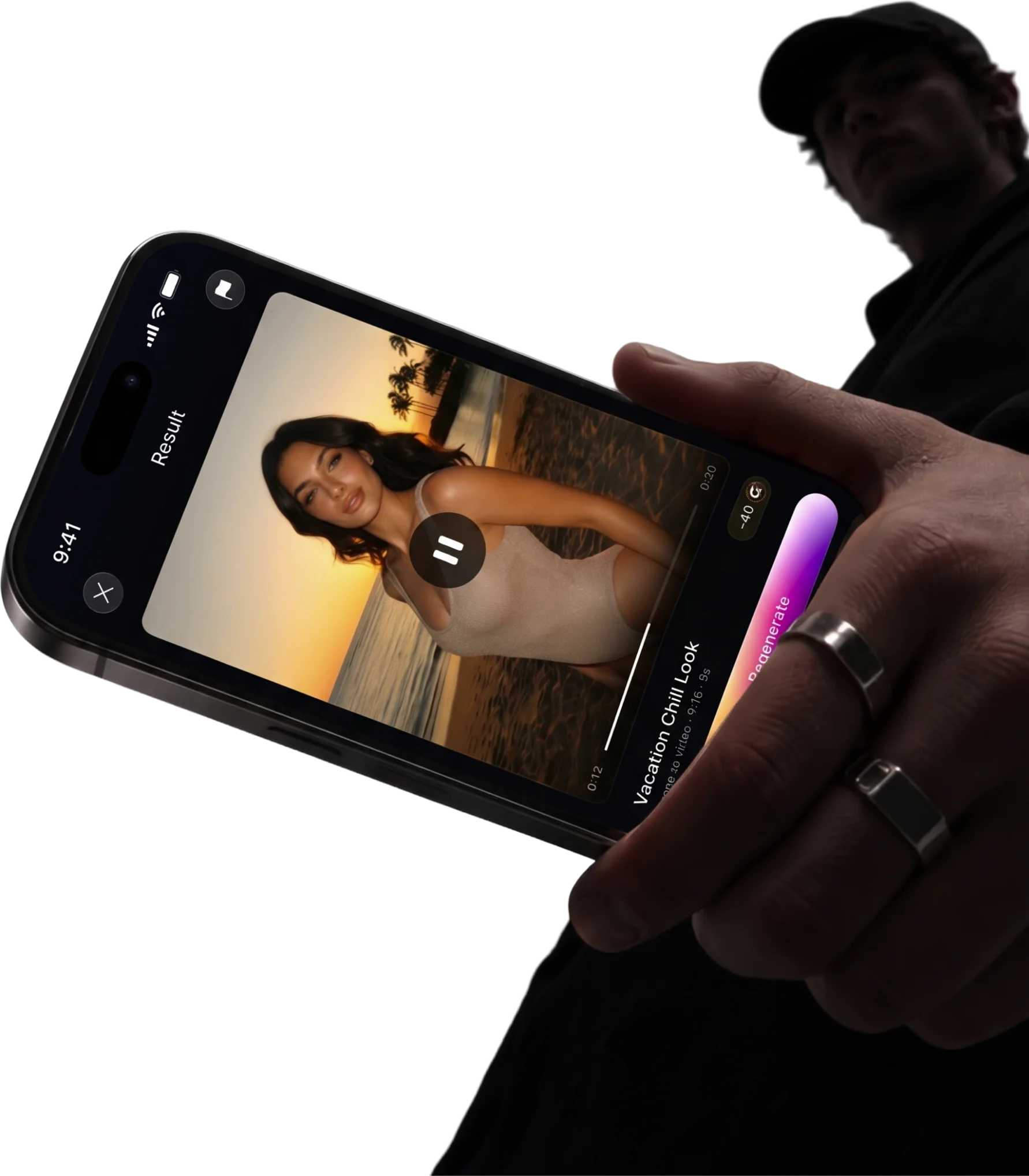 Genva generation progress screen on a phone, held in a hand, showing a video being created