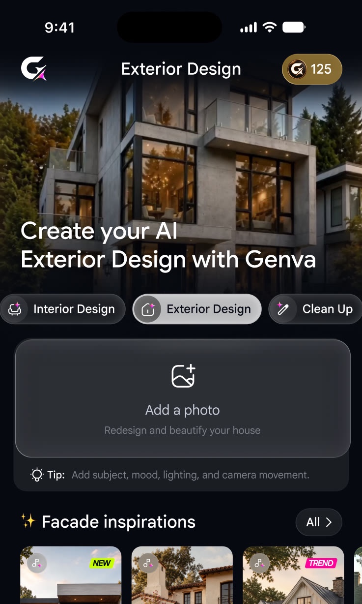 Genva Exterior Design home screen: Interior, Exterior and Clean Up modes, add a photo and facade inspirations