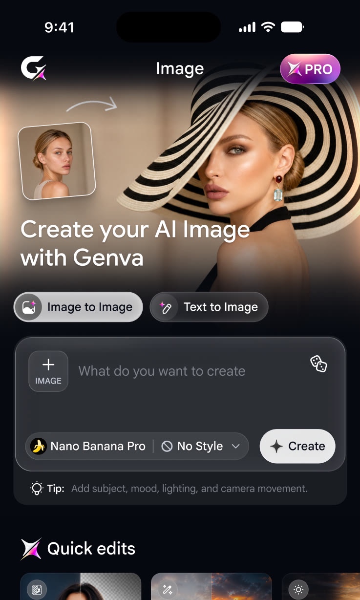Genva AI Image home screen: Image to Image and Text to Image modes, prompt box and quick edits
