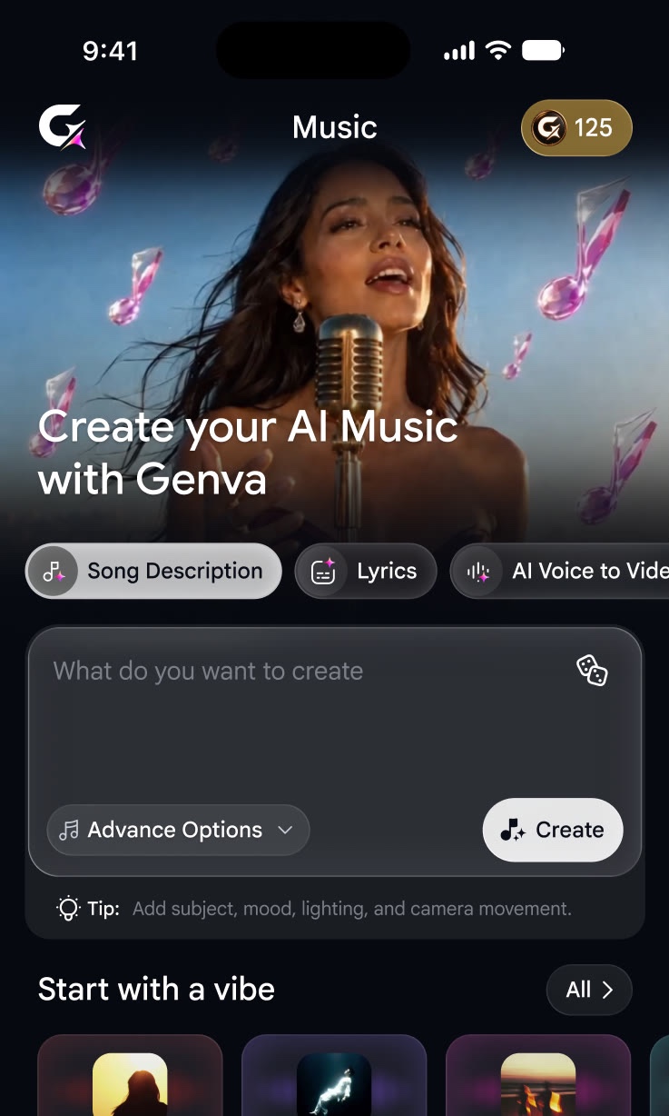 Genva AI Music home screen: Song Description, Lyrics and AI Voice modes, prompt box and vibe starters