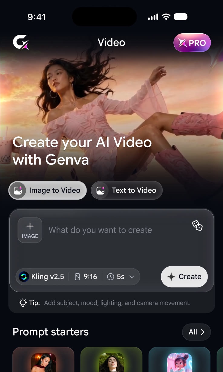 Genva AI Video home screen: Create your AI Video, Image to Video and Text to Video modes, prompt box with Kling model and prompt starters