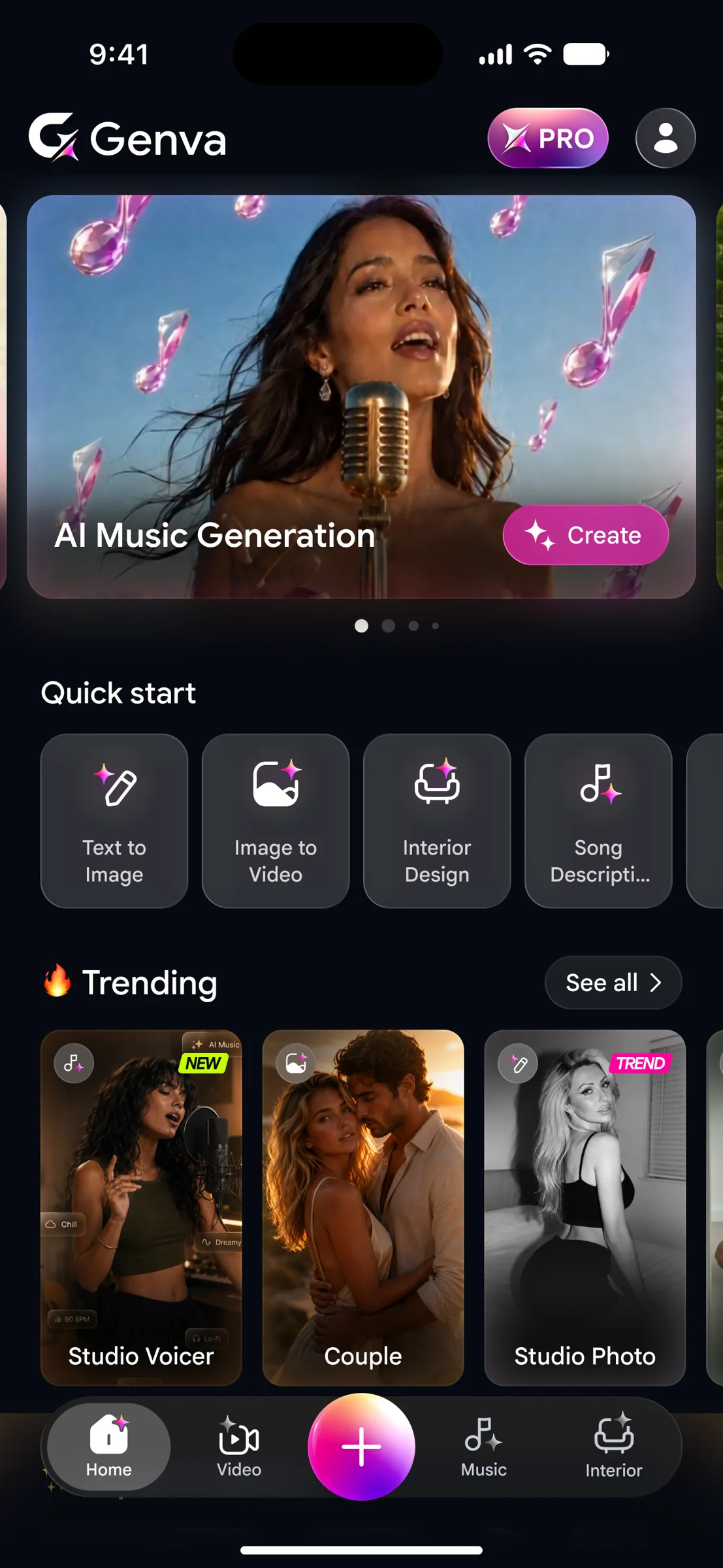 Genva home screen with quick-start tools