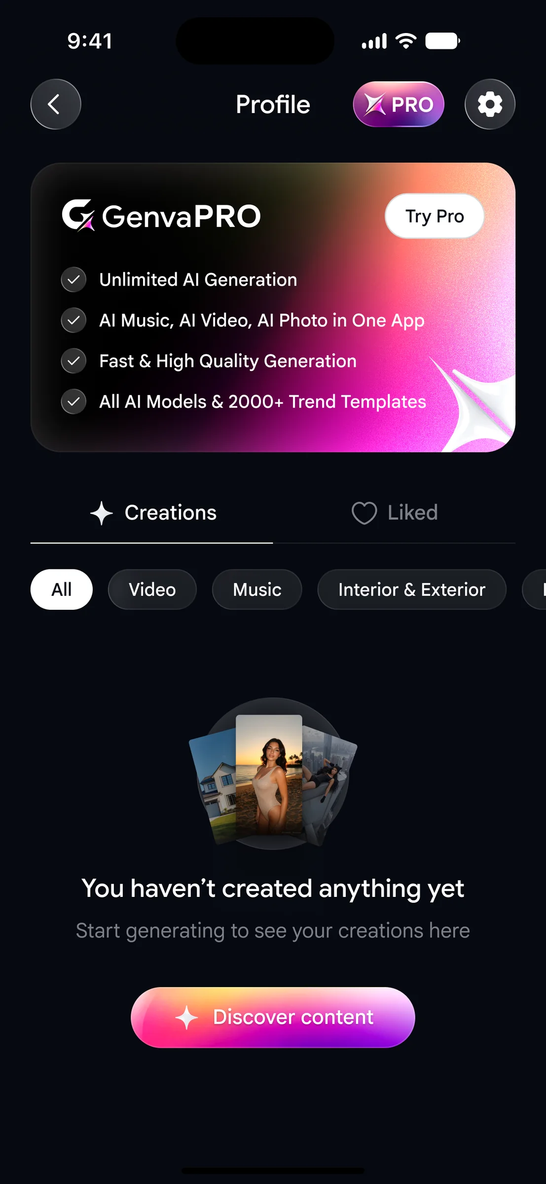 Genva profile with GenvaPRO plan and empty creations state