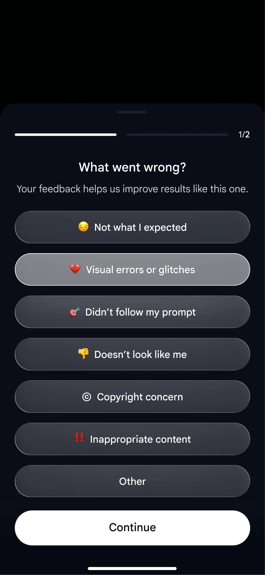 Feedback sheet asking “What went wrong?” with reasons such as Not what I expected and Visual errors or glitches