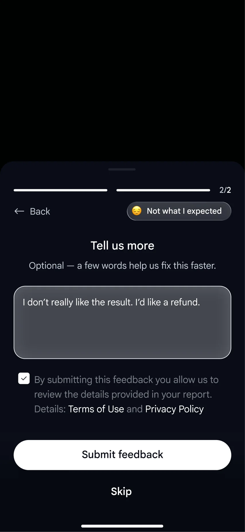 Feedback step “Tell us more” with an optional note and Submit feedback