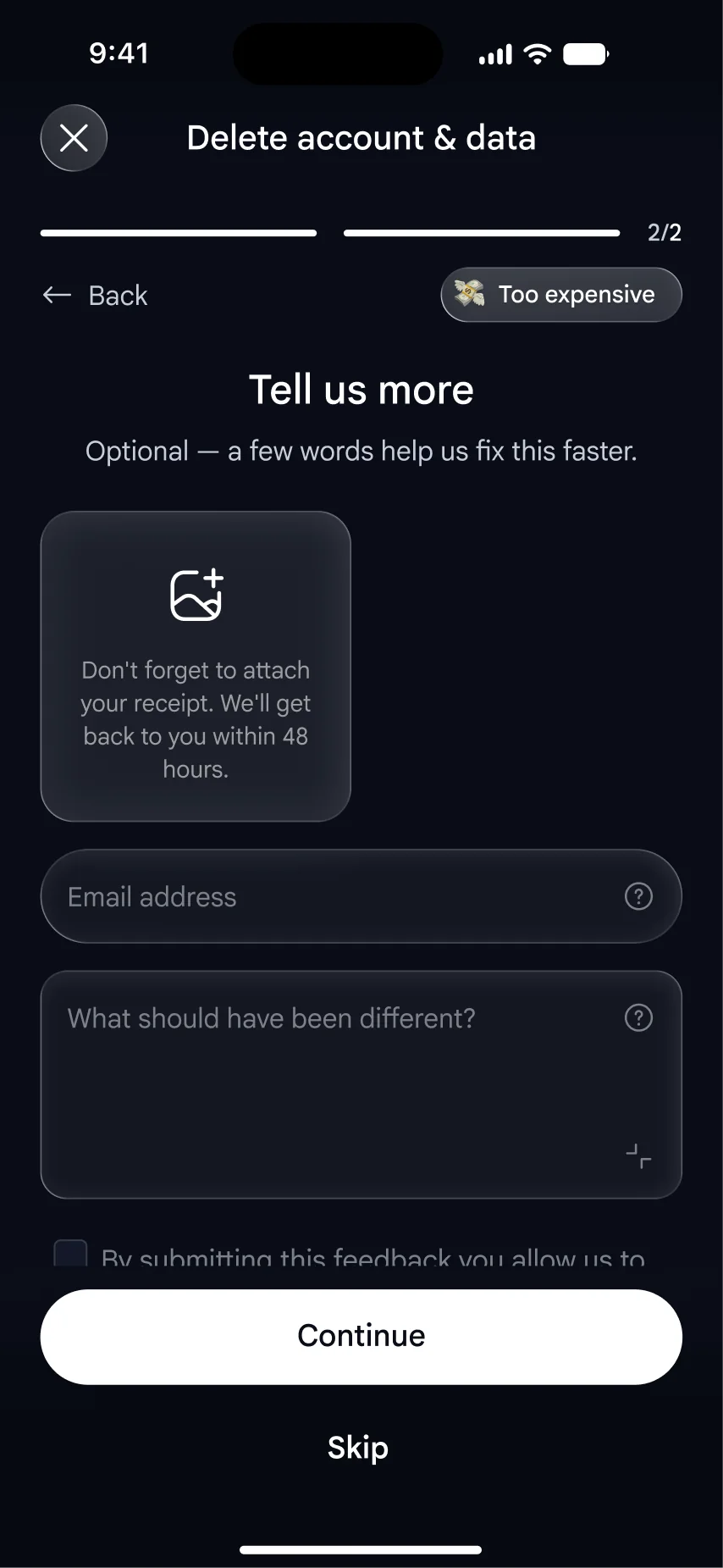 Delete account flow “Tell us more” with receipt attachment, email and details fields