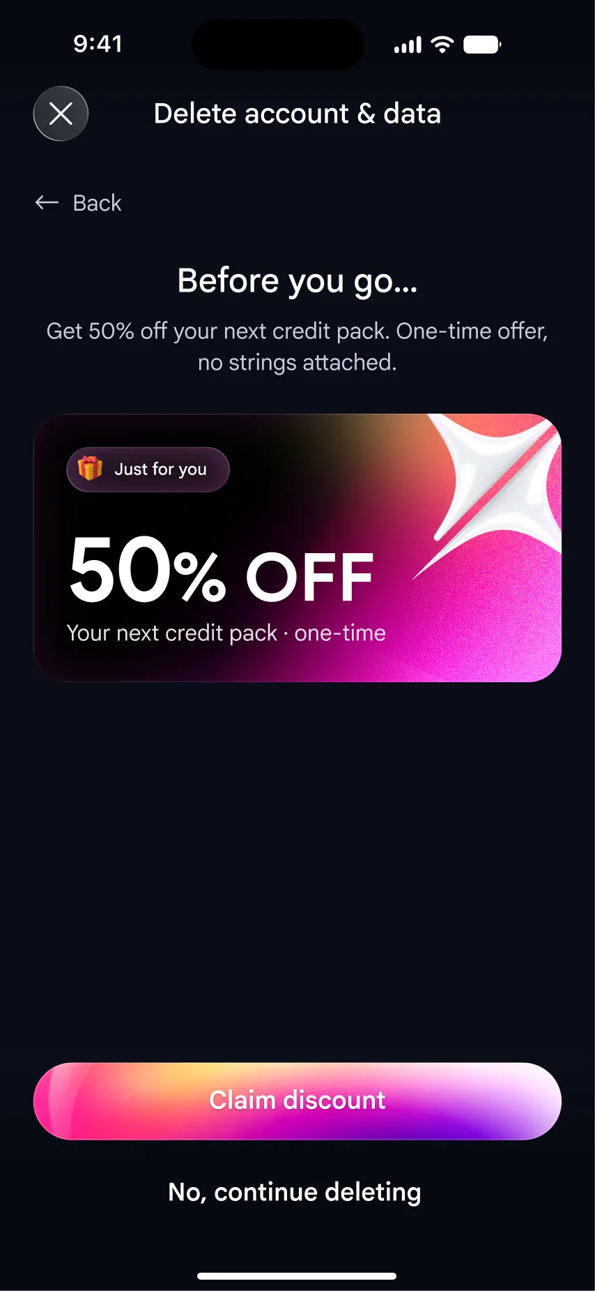 Retention screen “Before you go…” offering 50% off the next credit pack