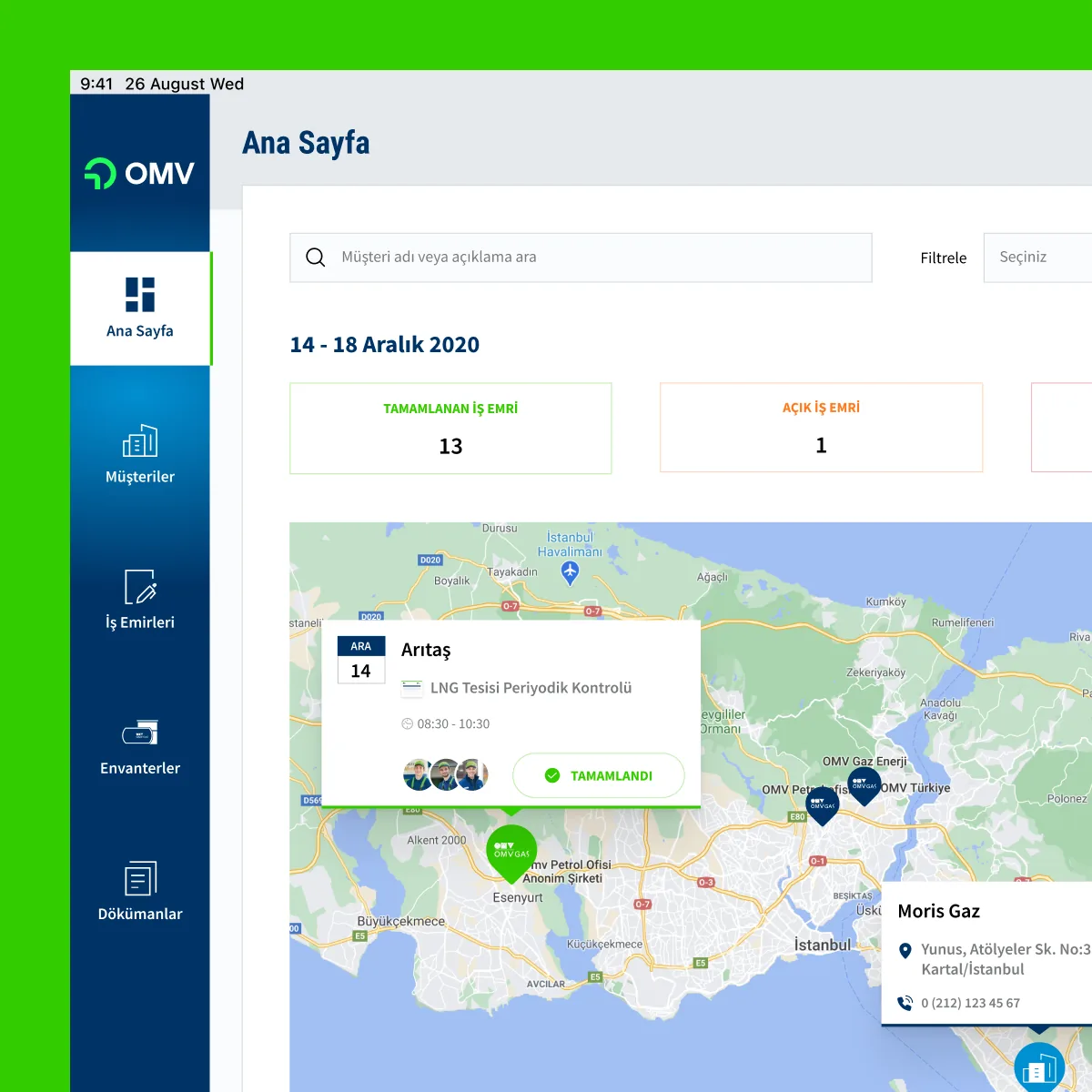 OMV Gas tablet home screen: sidebar, work-order summary and map of field jobs