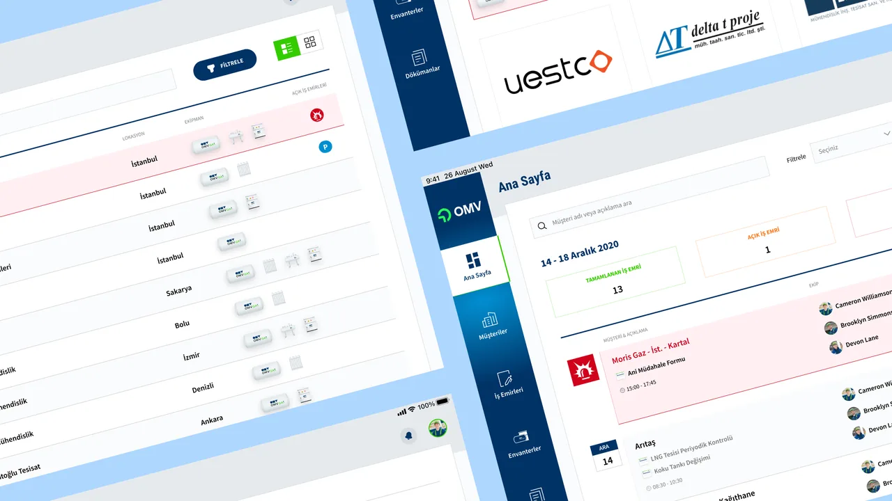 OMV Gas tablet and web screens: equipment and location lists, customer logos and the field team dashboard