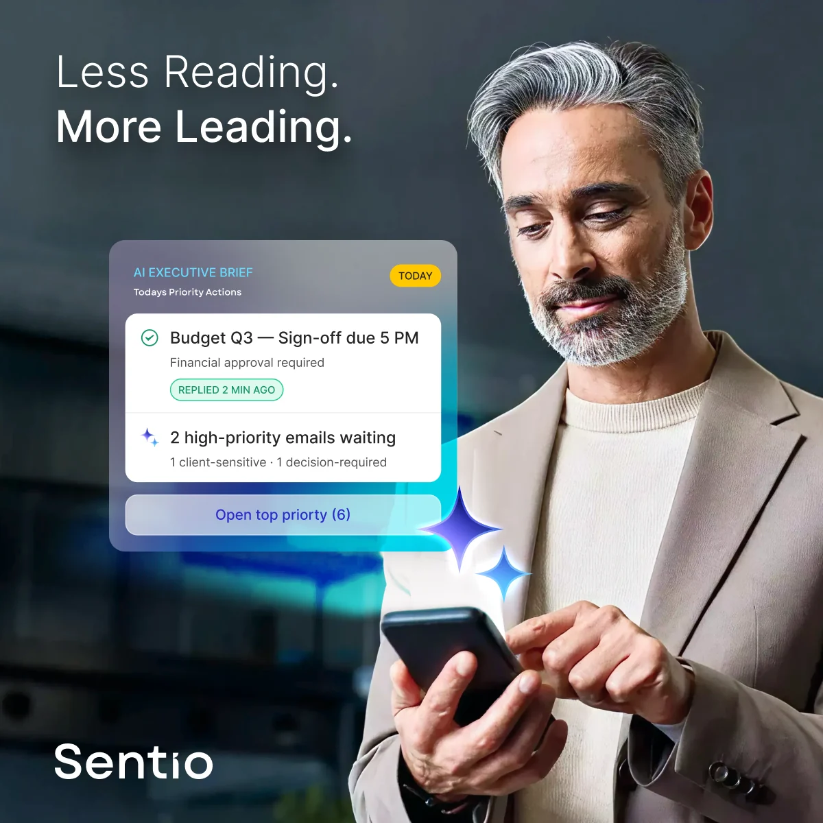 Sentio key visual: Less reading, more leading, with an AI executive brief