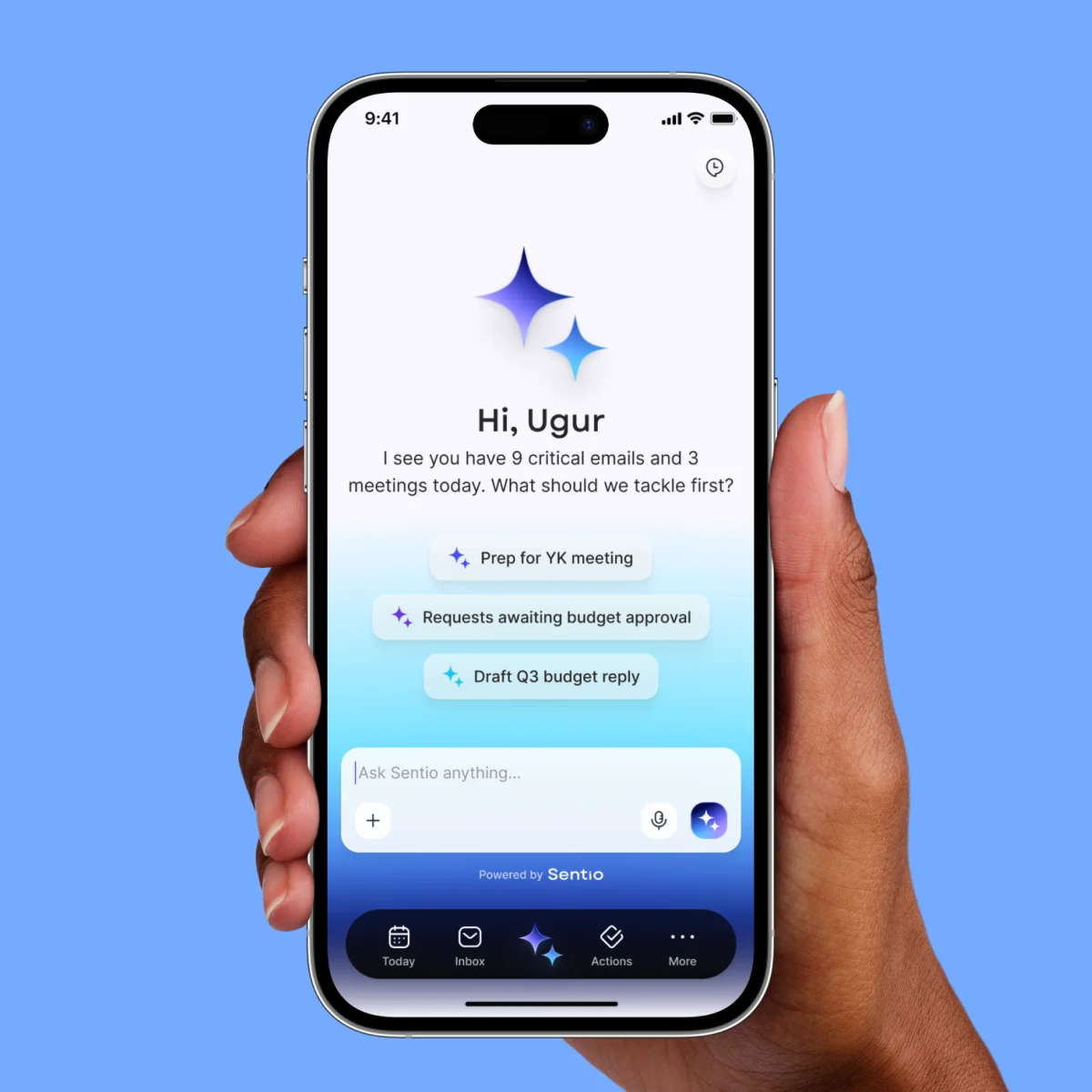 Sentio assistant home on iPhone: priority suggestions for the day