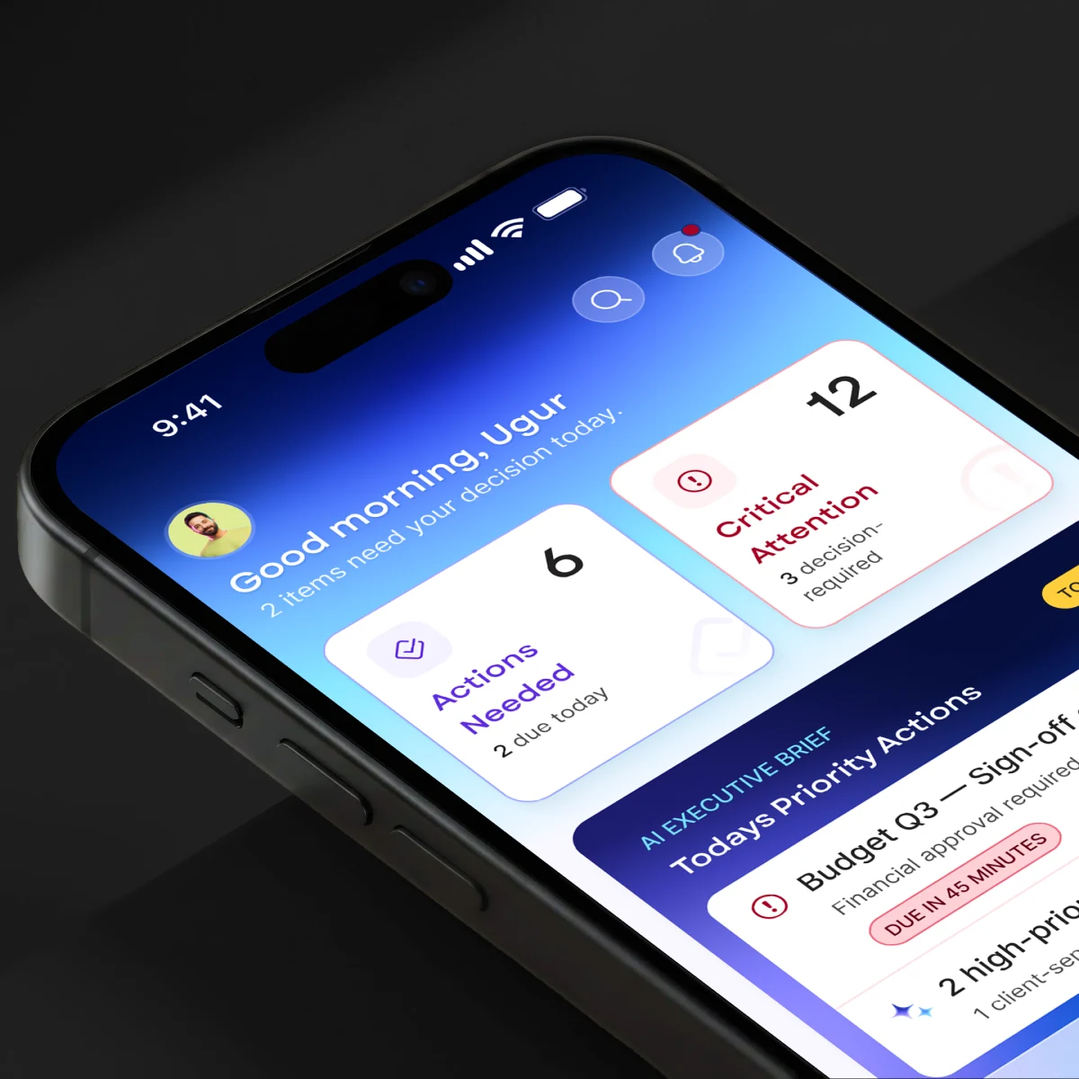 Sentio home screen with decision counters and the AI executive brief