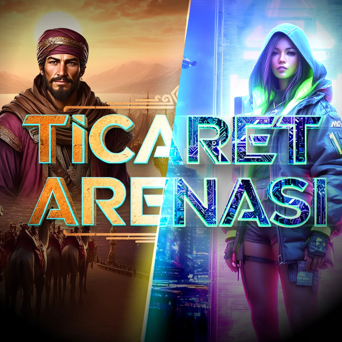 Ticaret Arenası key visual: a Silk Road merchant and a cyberpunk trader