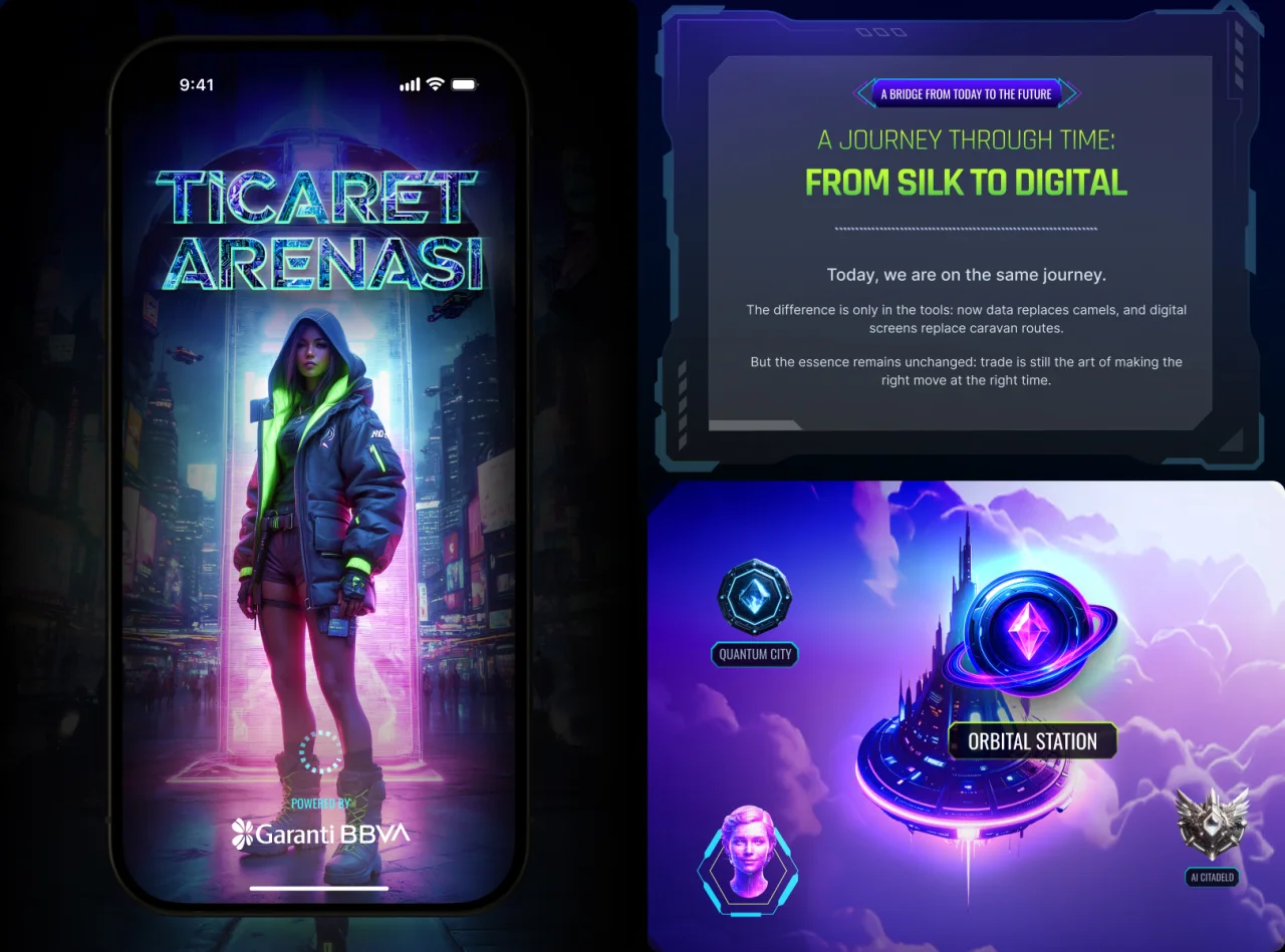 Future world: loading screen, “from silk to digital” story and orbital map