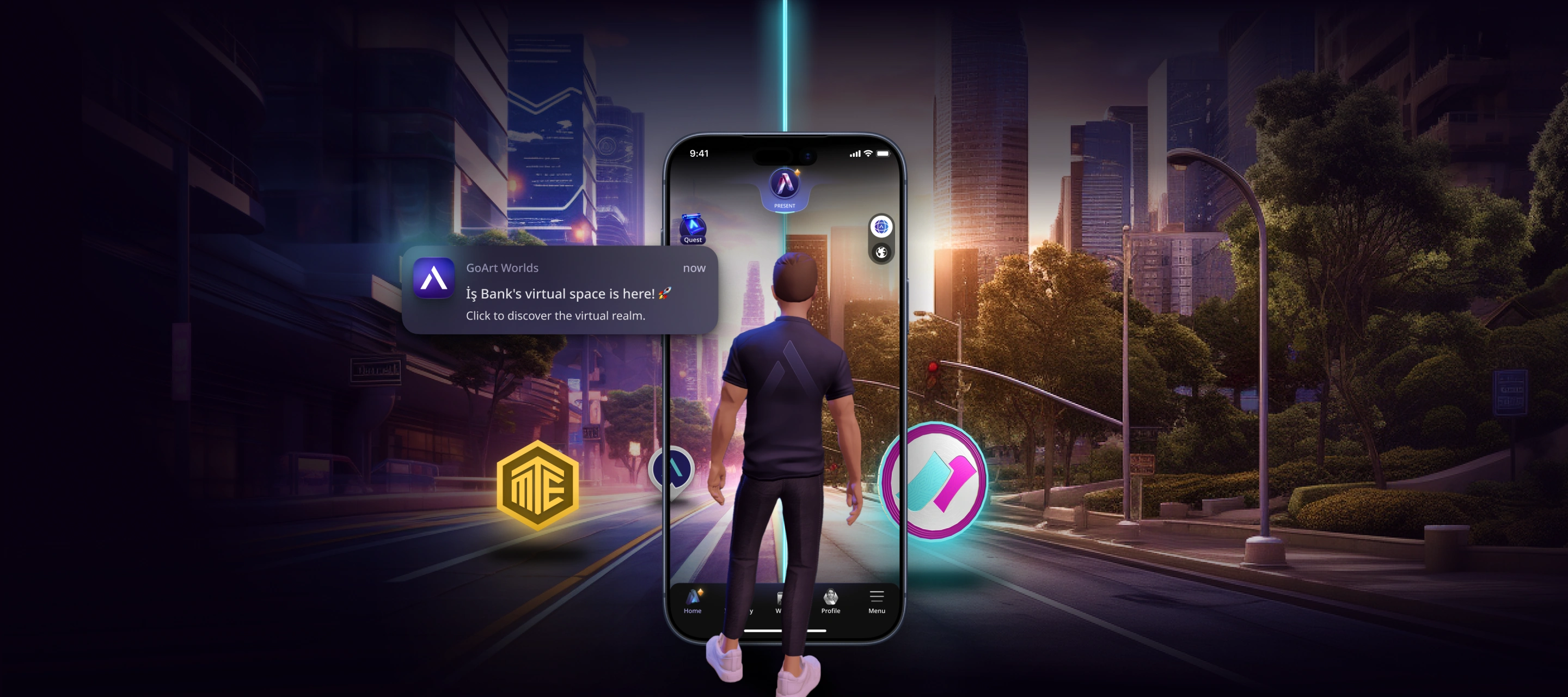 GoArt Worlds app on a phone in a city street at dusk, an avatar stepping out of the screen and an İş Bank virtual space alert