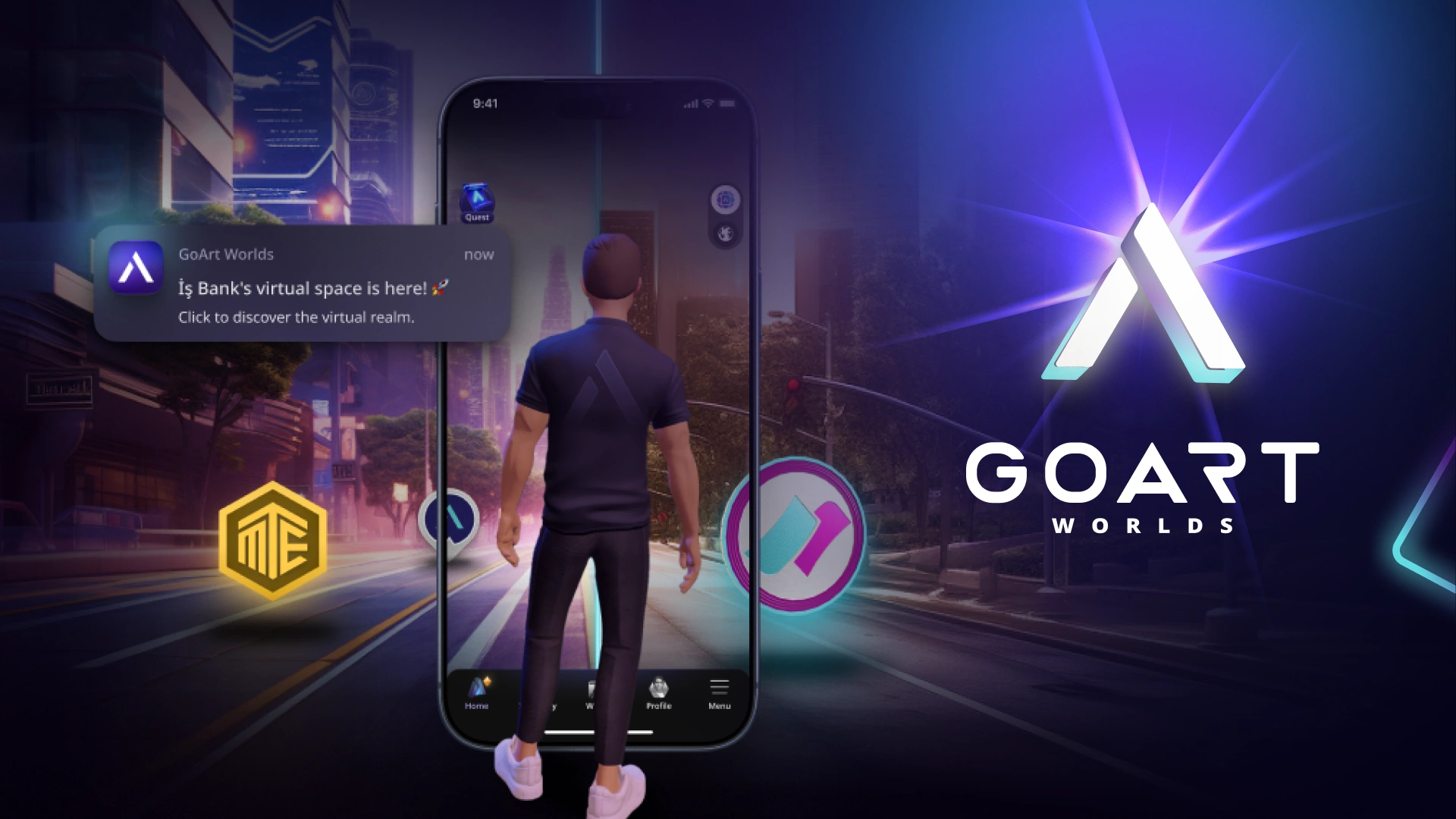 GoArt Worlds app on a phone next to the GoArt Worlds logo