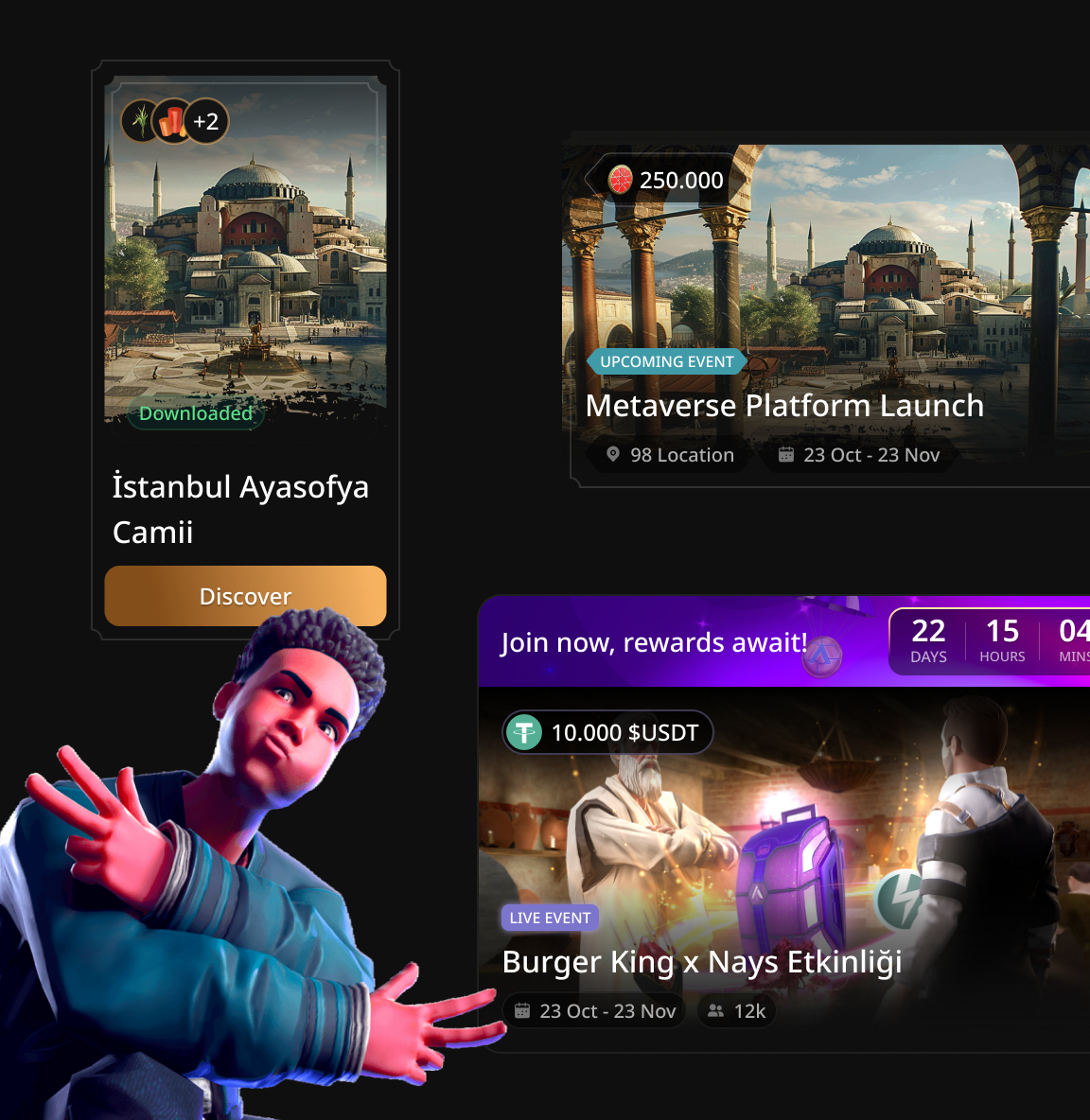 Event cards: the İstanbul Ayasofya Camii destination with a Discover button, the upcoming Metaverse Platform Launch event with a 250.000 reward, 98 locations and 23 Oct – 23 Nov dates, and the live Burger King x Nays event with a 10.000 USDT reward and a countdown