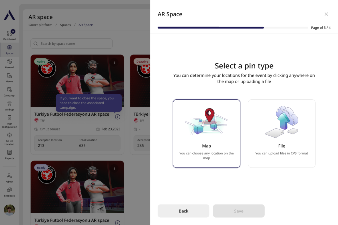 Back Office AR space creation and pin type selection