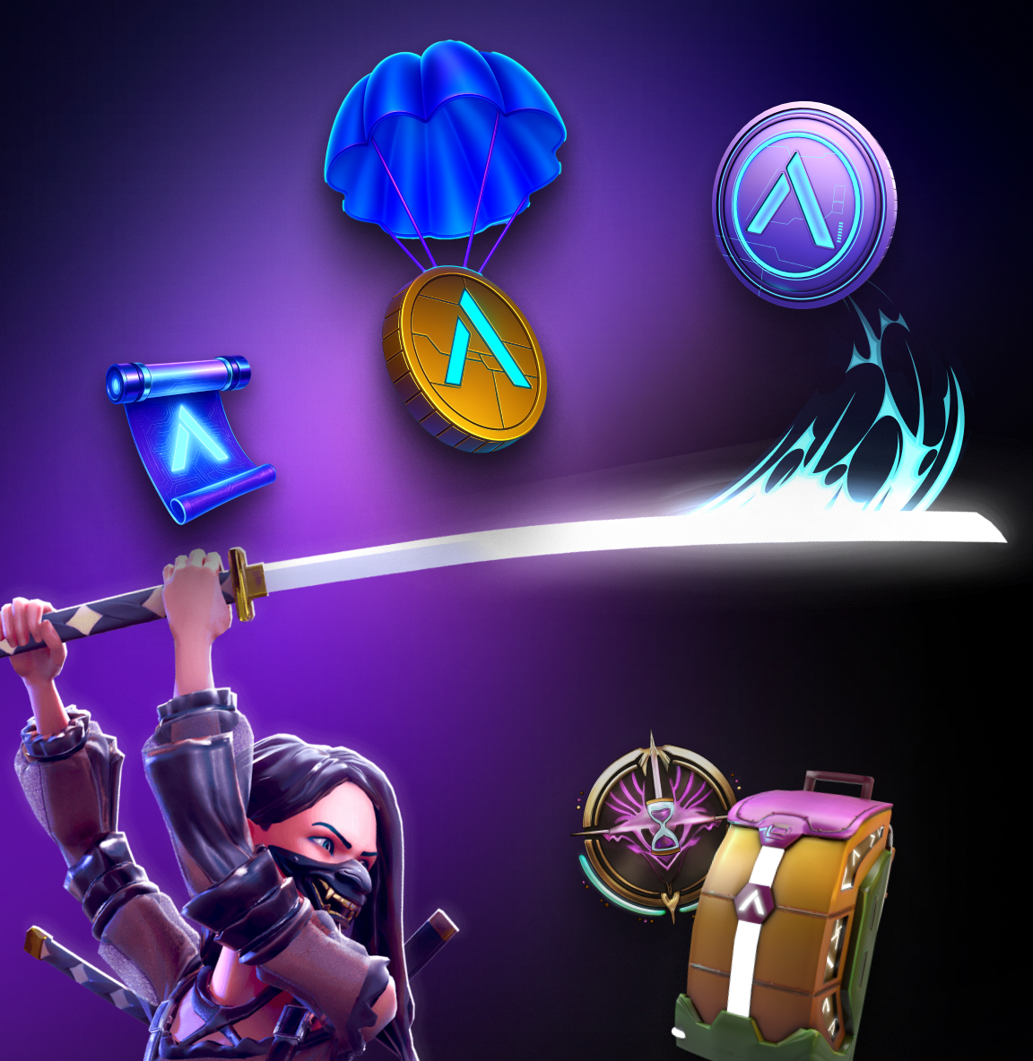 GoArt quests and crafting: airdrop coins, quest scroll, character, sword and GoPack
