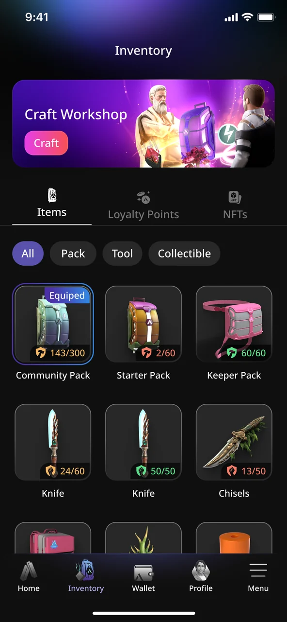 Inventory screen with the Craft Workshop banner and an item grid: Community Pack, Starter Pack, Keeper Pack, knives and chisels