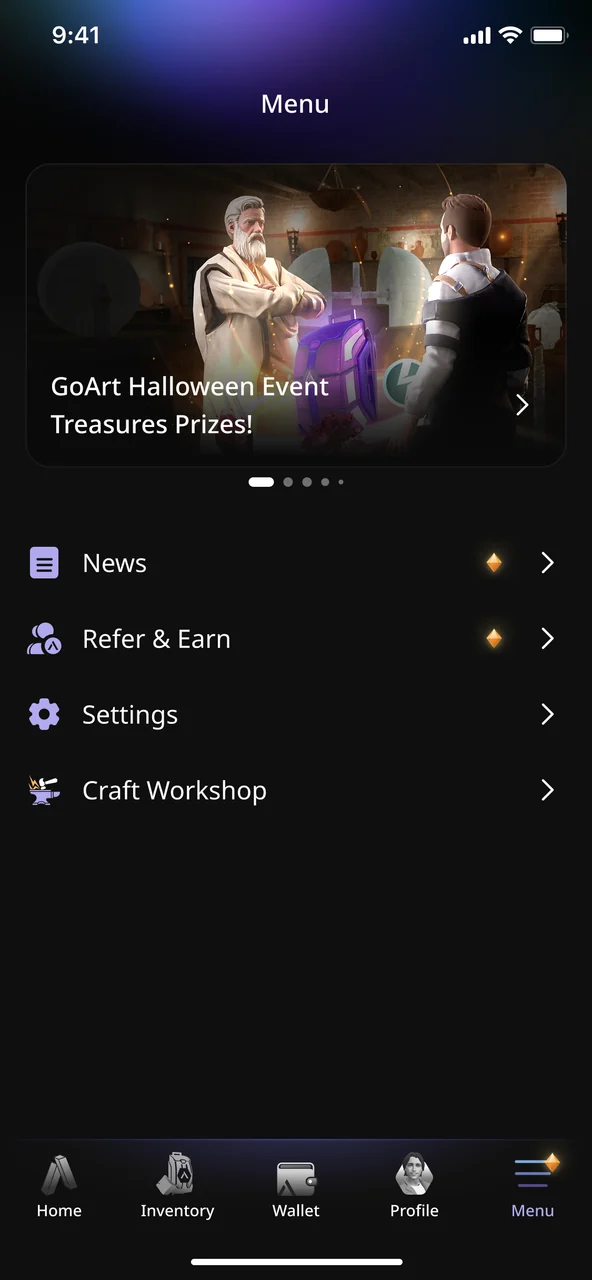 Menu screen with a GoArt Halloween event banner and links to News, Refer & Earn, Settings and Craft Workshop