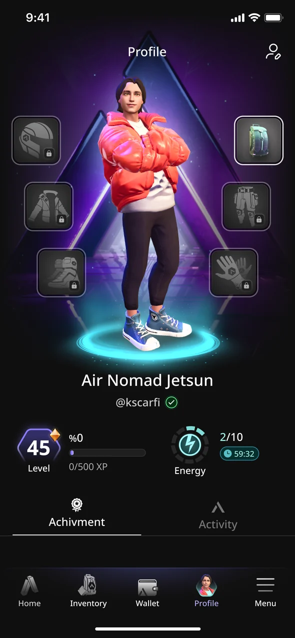 Profile screen with the avatar, equipment slots, level 45 and energy badges