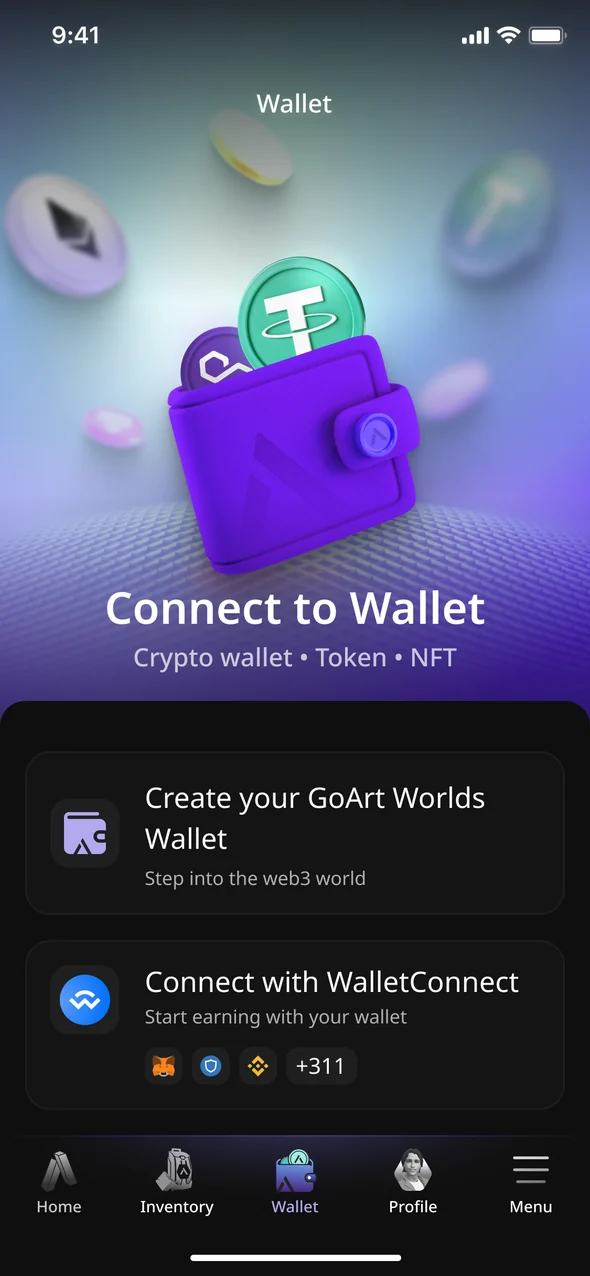 Wallet screen inviting the user to connect a crypto wallet, with GoArt Worlds wallet and WalletConnect options