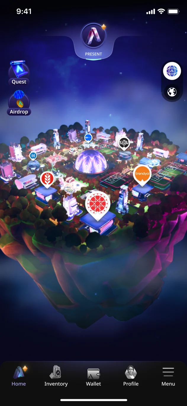 GoArt Worlds home screen in the present: a floating city island with quests and brand pins