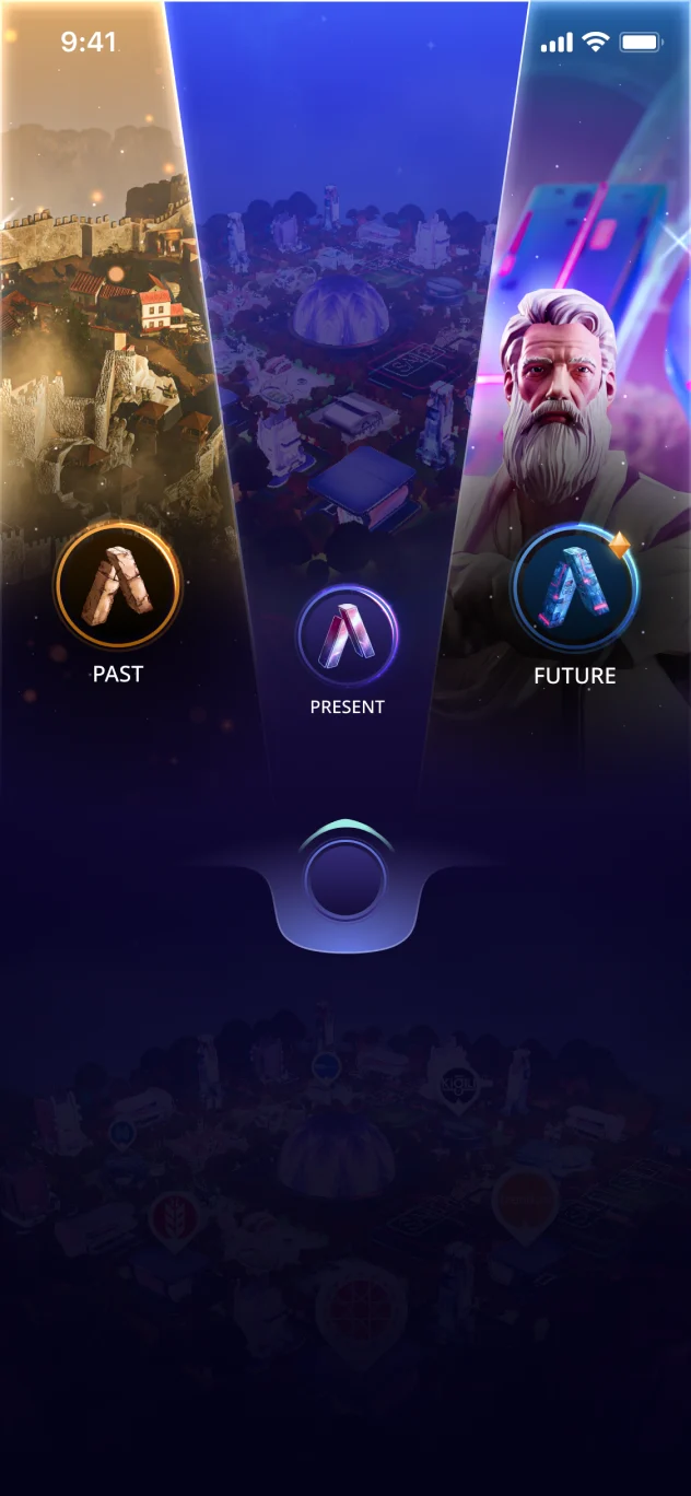 Time selector with PAST, PRESENT and FUTURE portals