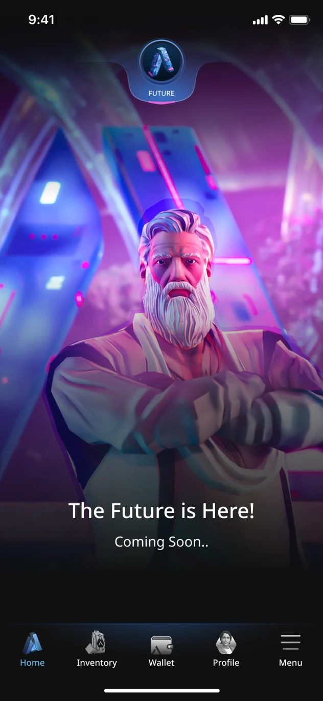Future screen with a bearded guide character and a coming-soon message
