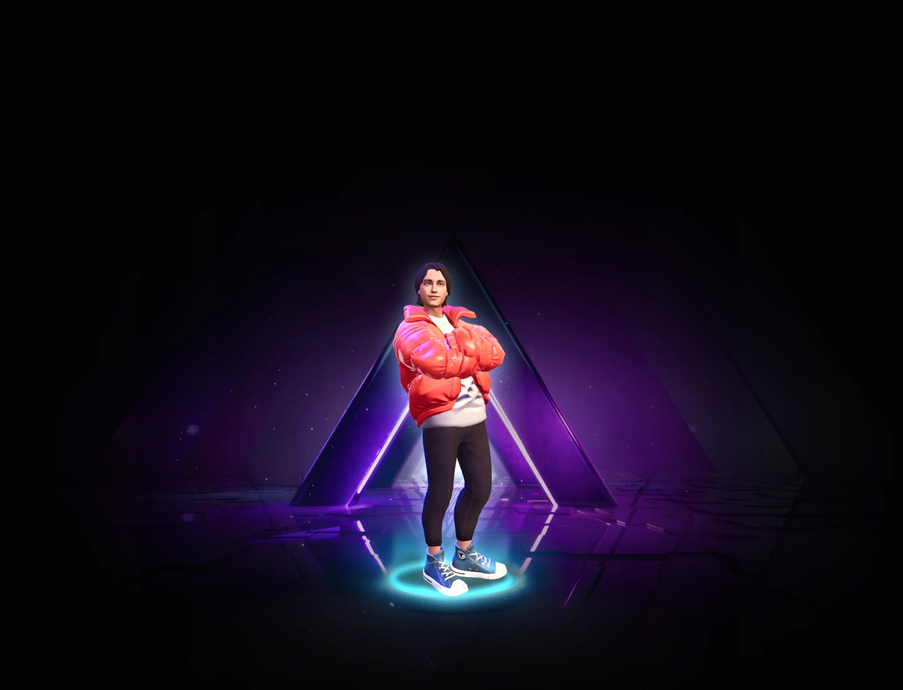 Uğur Anlak’s GoArt Worlds avatar in a red puffer jacket, standing in front of a glowing purple triangle with locked wearable slots on both sides