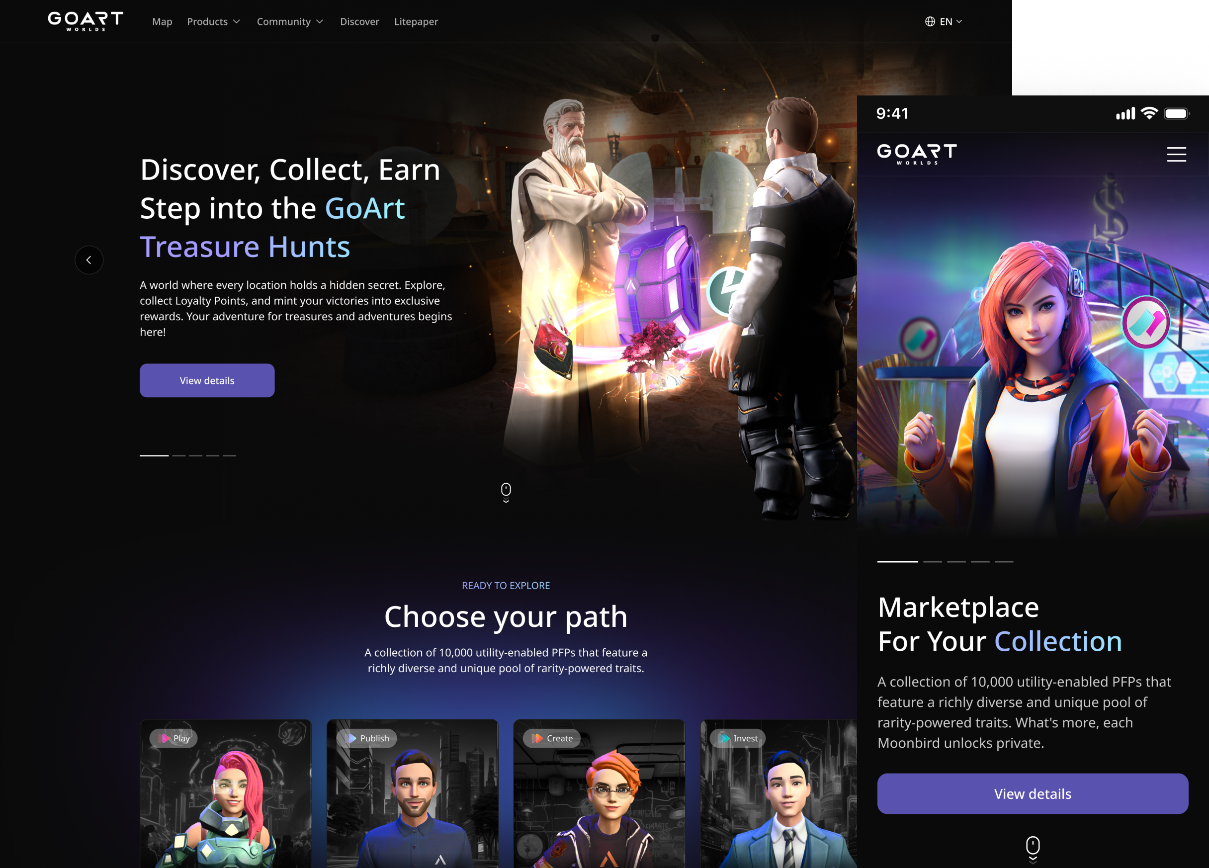 GoArt website desktop home page with an overlapping mobile screen