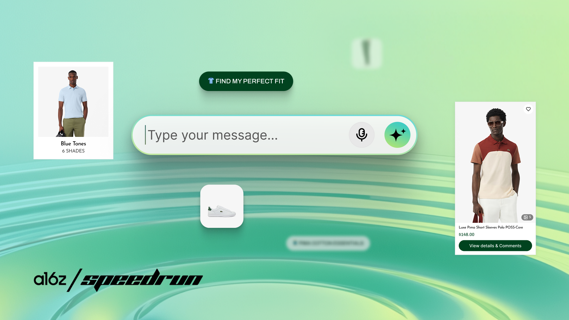Loops AI shopping assistant interface: chat box, product cards and quick reply on a green ripple background