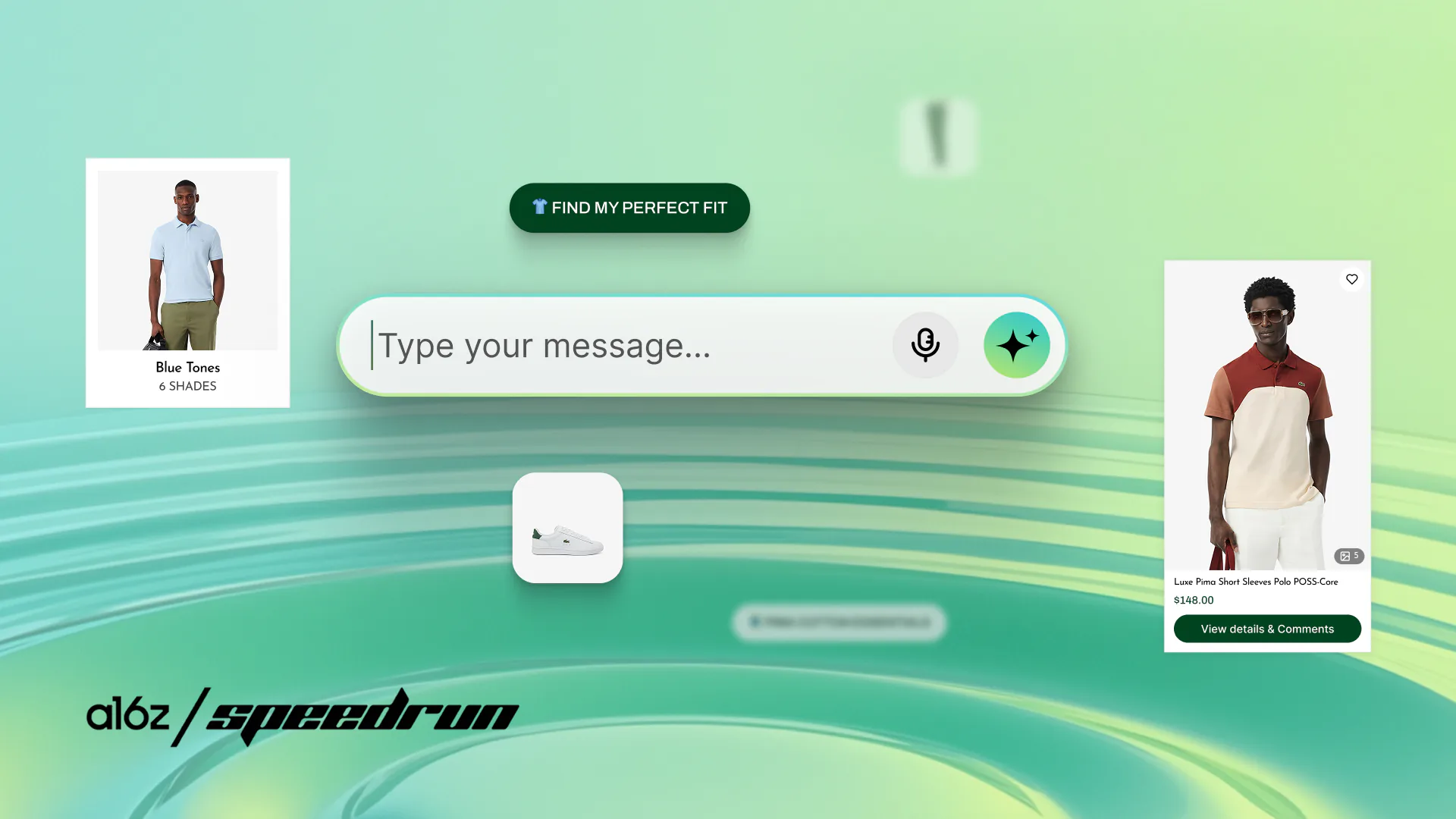Loops AI shopping assistant interface: chat box, product cards and quick reply on a green ripple background