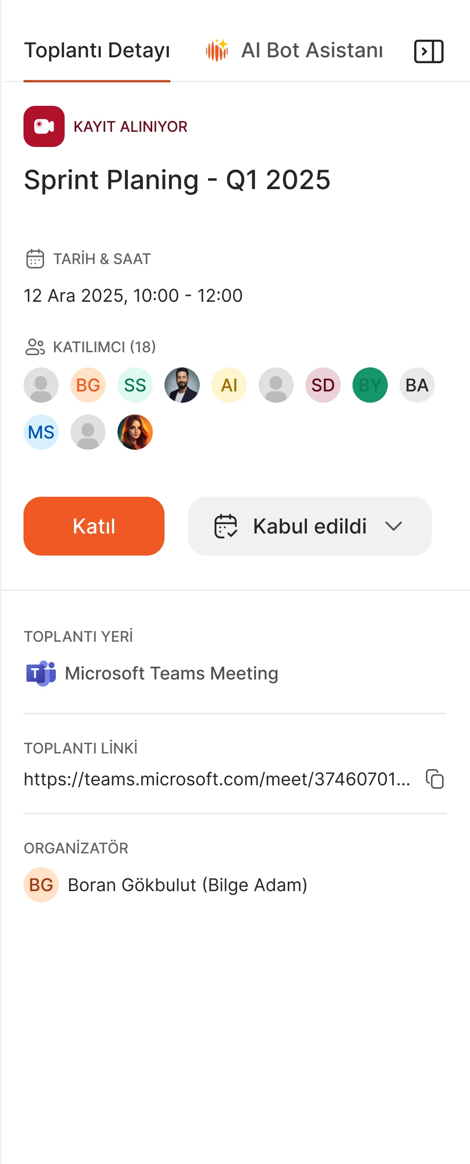 Meeting details panel: recording status, date, participants and join button