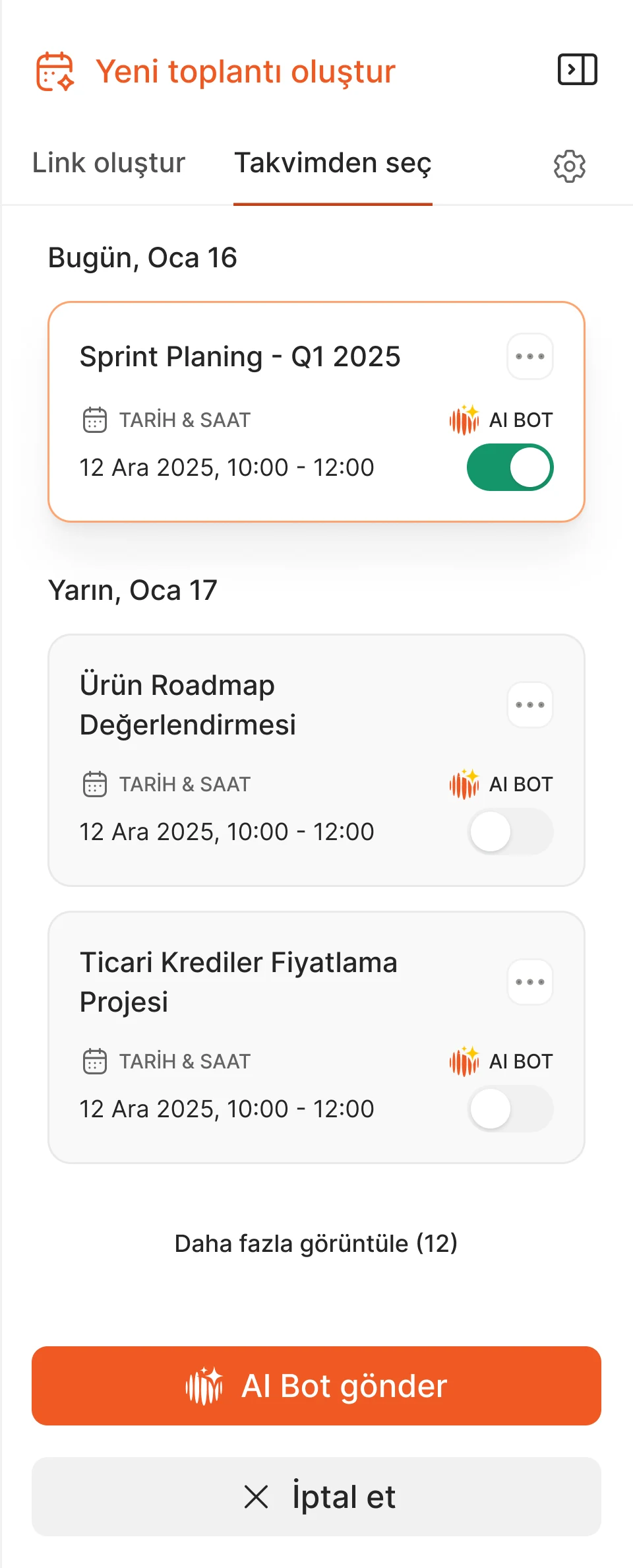 Pick from calendar panel: upcoming meetings with a bot toggle