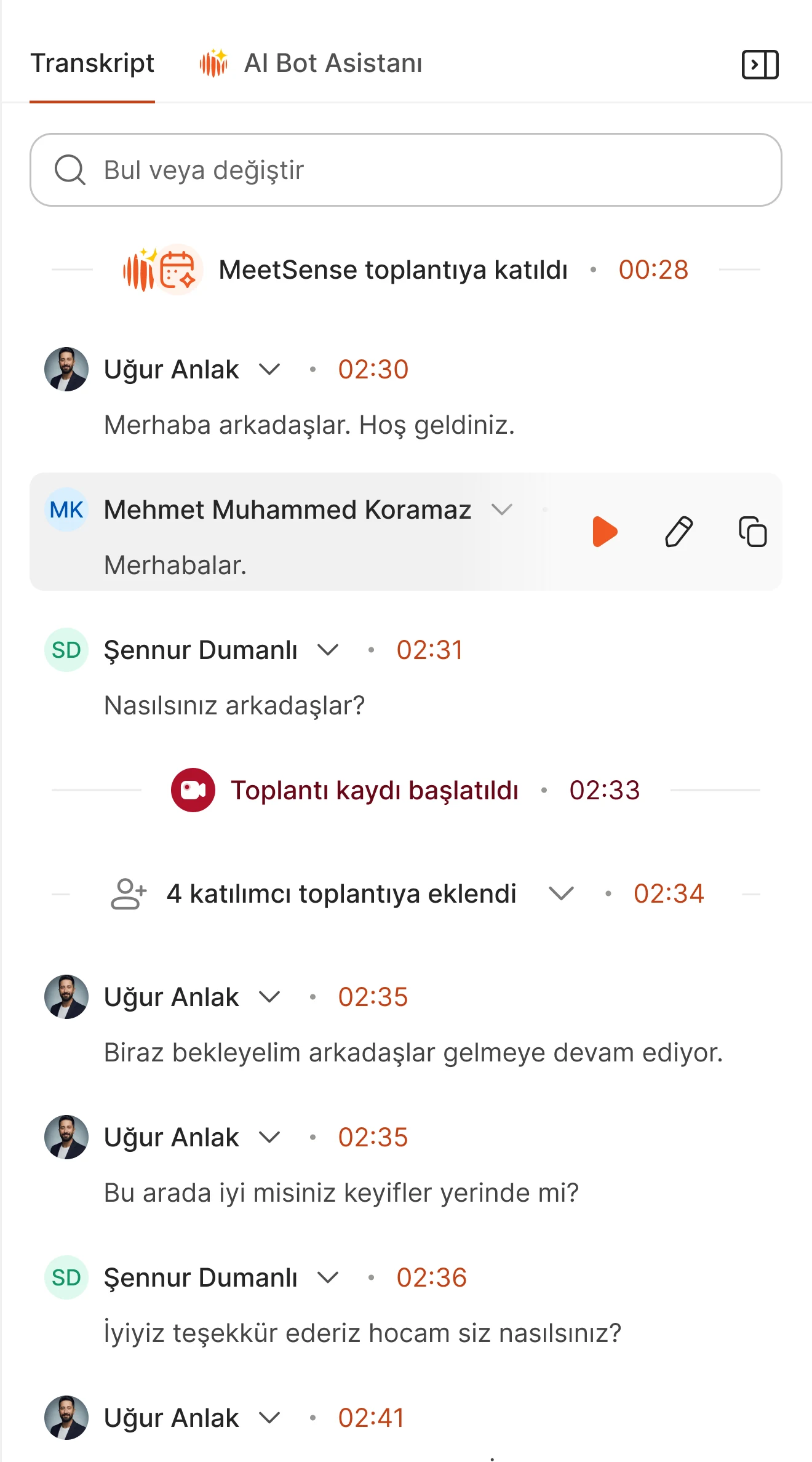 Transcript panel: edit actions on a speaker line