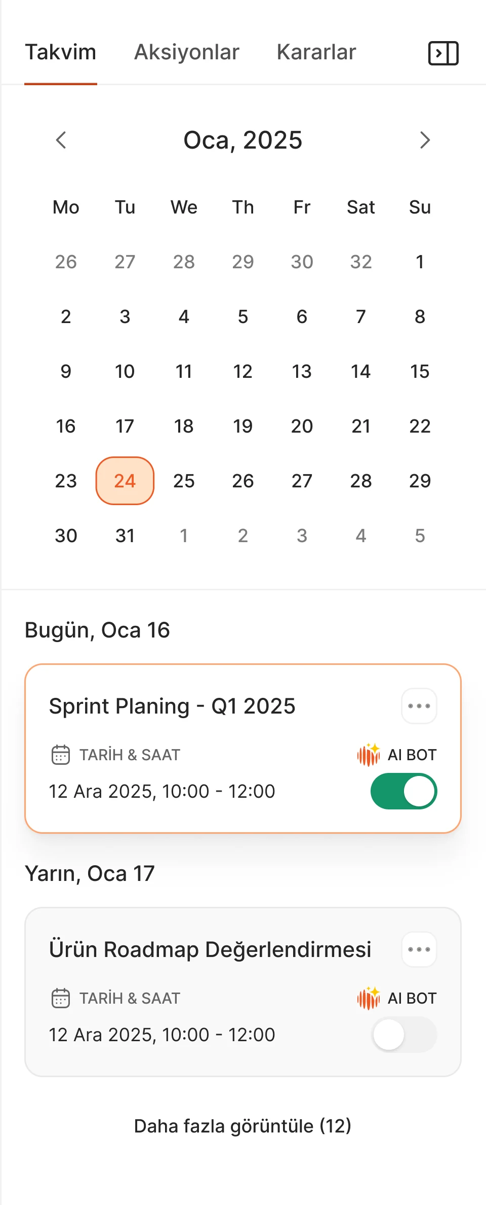 Calendar panel: month view and upcoming meetings