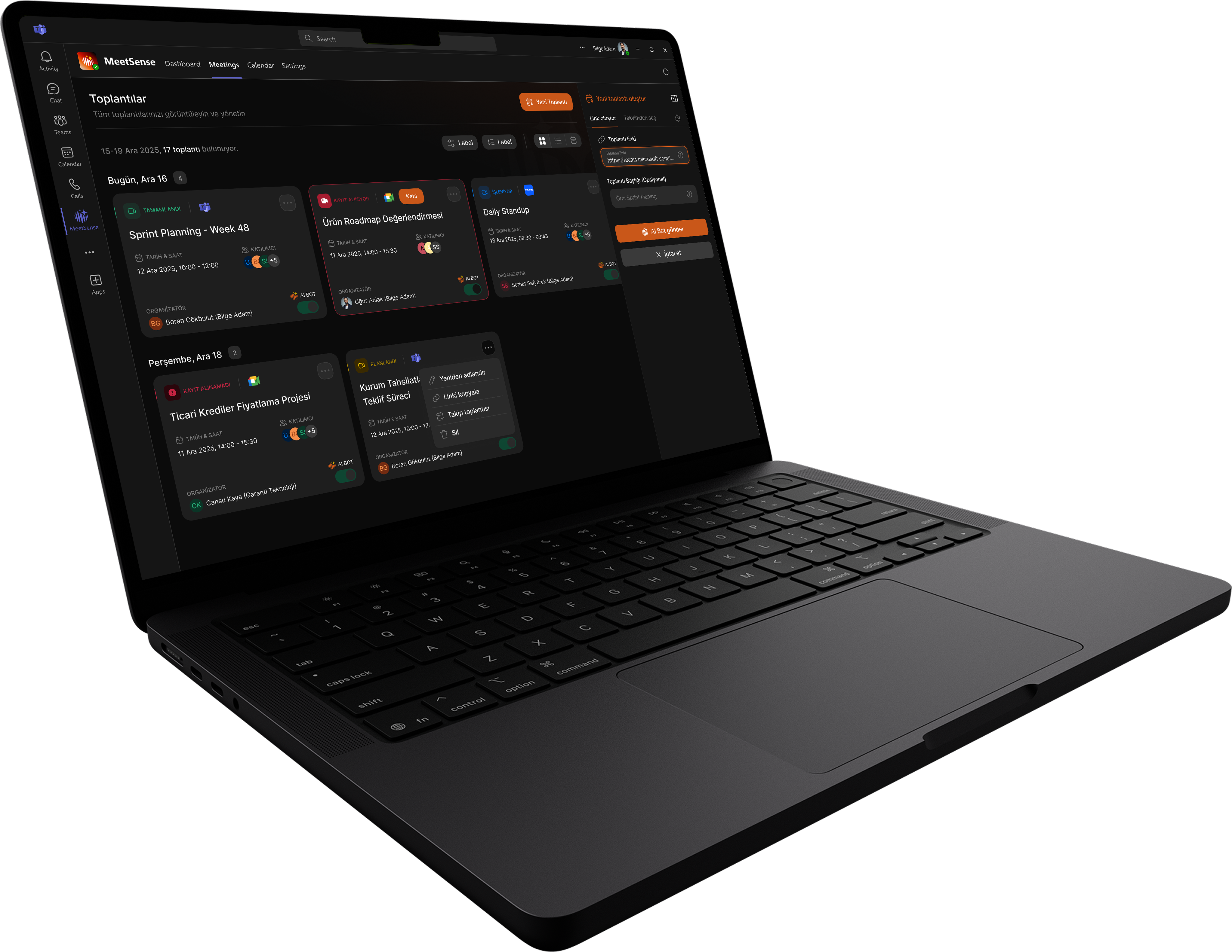 MeetSense meeting dashboard inside Microsoft Teams on a laptop